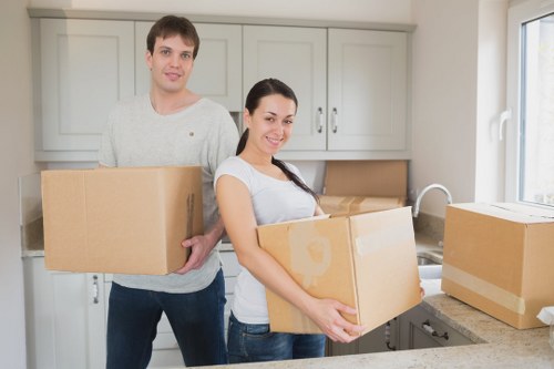 Packed household boxes and protected furniture ready for a Mayfair move